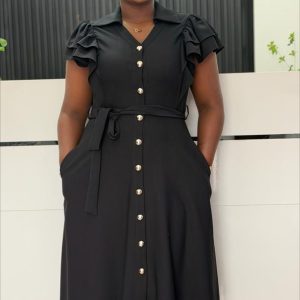 black-ruffle-sleeve-button-front-midi-dress-with-tie-belt