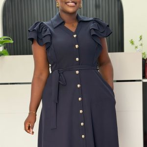 navy-ruffle-sleeve-button-front-midi-dress-with-tie-belt