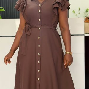 brown-ruffle-sleeve-button-front-midi-dress-with-tie-belt