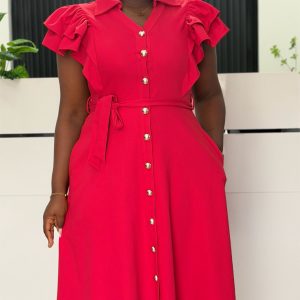 red-ruffle-sleeve-button-front-midi-dress-with-tie-belt