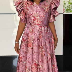 pink-floral-ruffle-sleeve-midi-dress