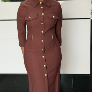 chocolate-brown-button-front-midi-dress